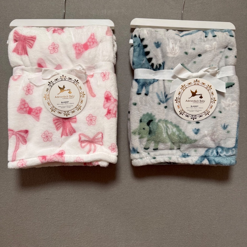 NWT Adirondack Baby Lot of 2‎ Blankets 30 x 40 Pink Bows Blue Dinosaurs